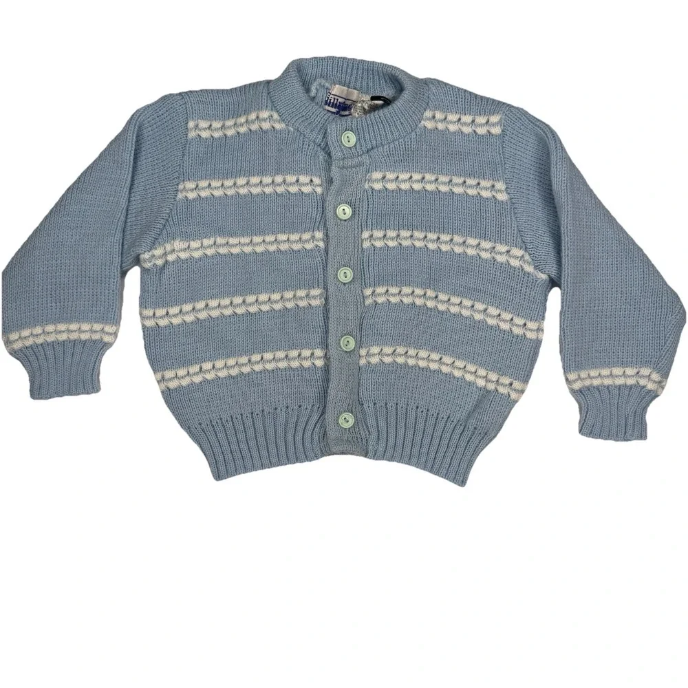 Vintage Blue Silly Flowers Hand Loomed Knit Sweater Acrylic With White Detail 18